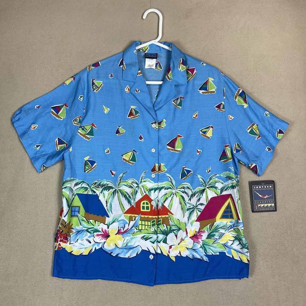 Jantzen Shirt Mens Large Blue‎ Vintage Hawaiian Beach Beach Ships Adult NWT